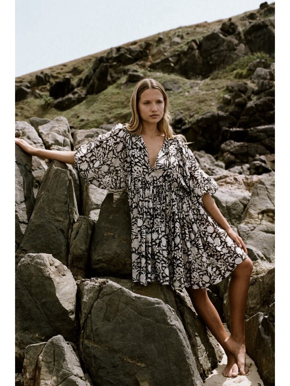 Daughters of India Black and White Floral Mini Dress